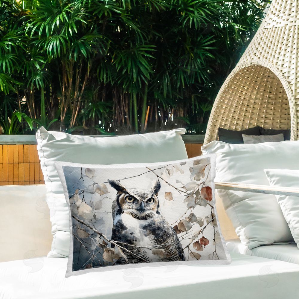 Franklyn Gregory Horned Owl Perched Outdoor Printed Lumbar Throw Pillow on Seat