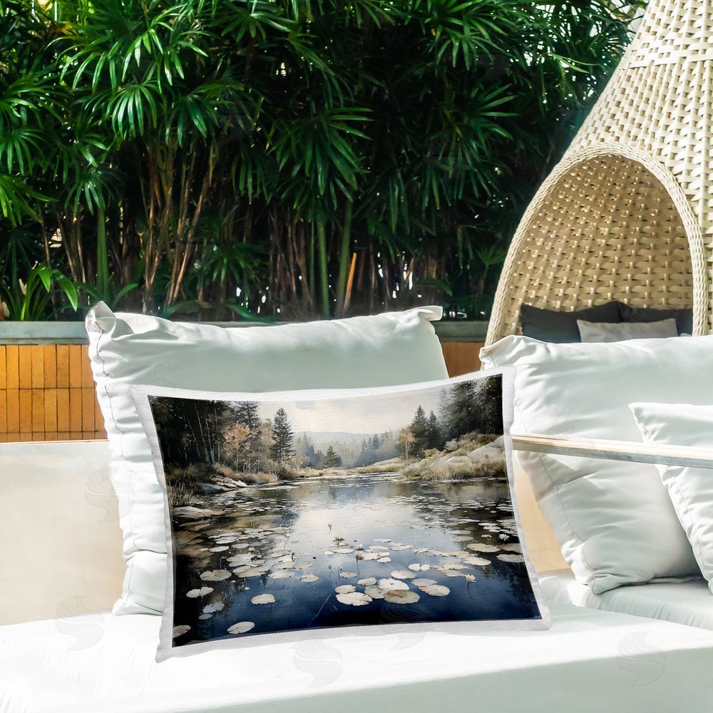 Franklyn Gregory Still Pond with Morning Reflections Outdoor Printed Lumbar Throw Pillow on Seat