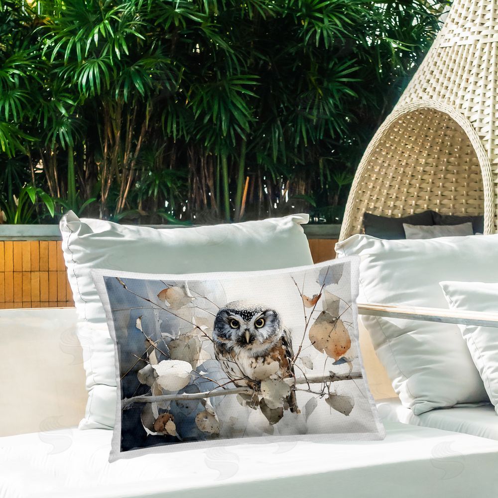 Franklyn Gregory Hoot Owl on Autumn Branch Outdoor Printed Lumbar Throw Pillow on Seat
