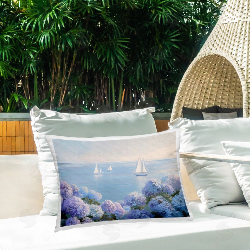 LSR Design Studio Sailboats & Hydrangeas at Sea Outdoor Printed Lumbar Throw Pillow on Seat