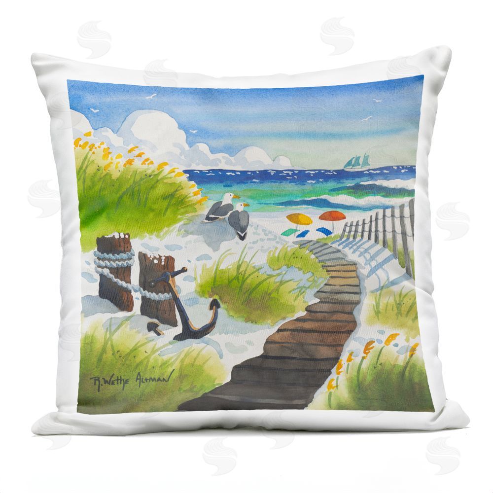 Robin Altman Seagull & Anchor on Shore Outdoor Square Printed Throw Pillow