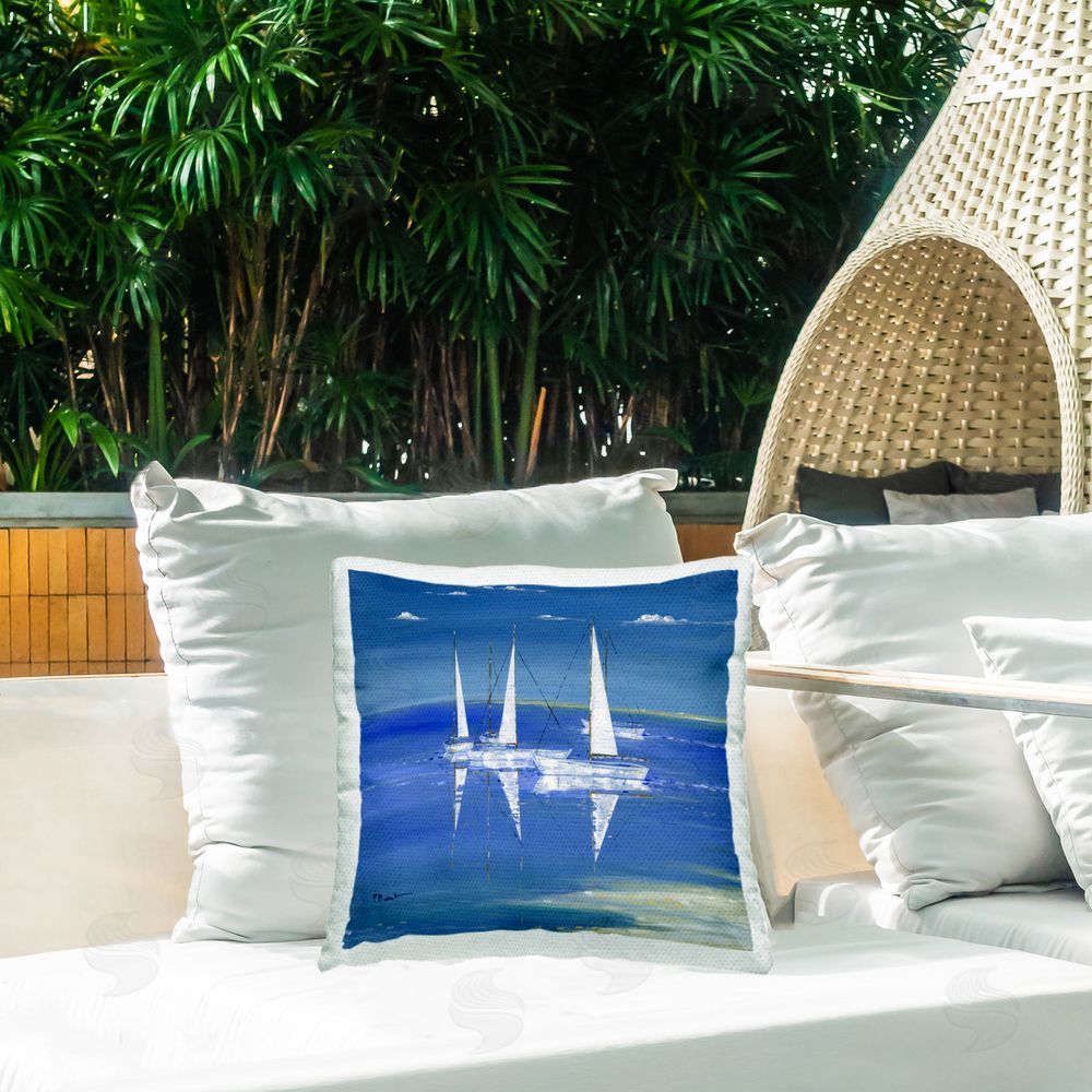 Paul Brent Serenity Sailboats Reflected on Water Outdoor Square Printed Throw Pillow on Seat