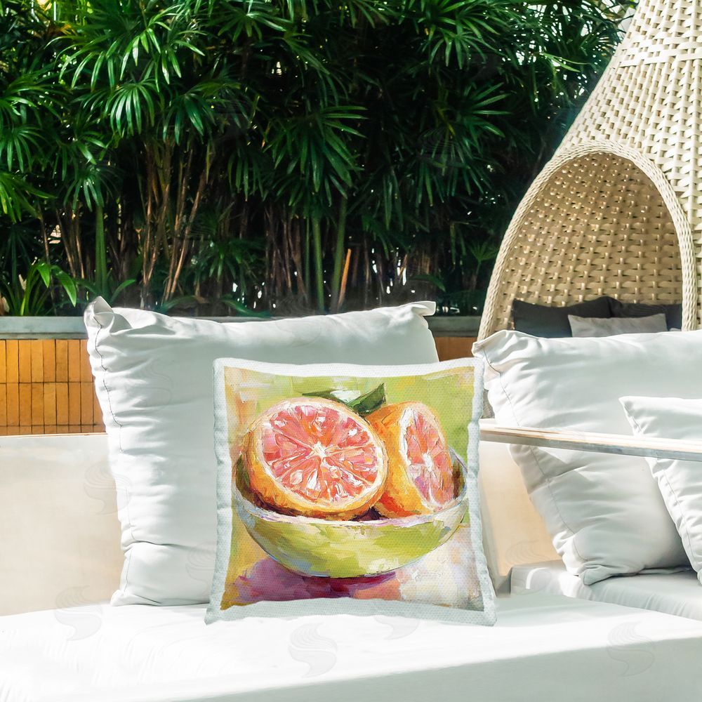 Riley B Sliced Grapefruit in Bowl Outdoor Square Printed Throw Pillow on Seat