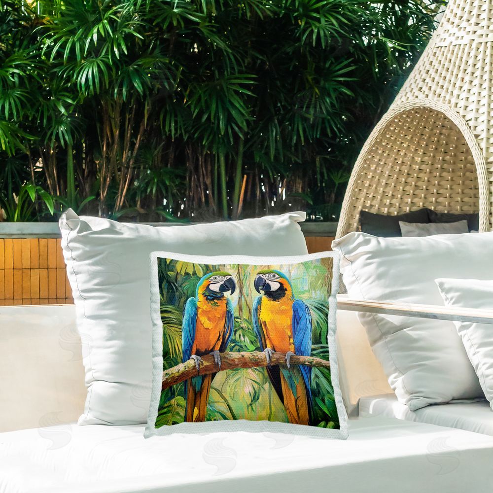 Petal Prints Design Two Macaws Among Foliage Outdoor Square Printed Throw Pillow on Seat