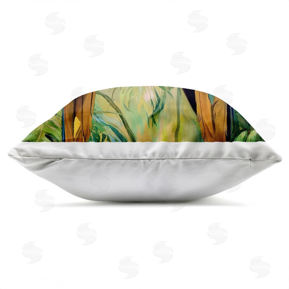 Petal Prints Design Two Macaws Among Foliage Outdoor Square Printed Throw Pillow Side View with Zipper Detail