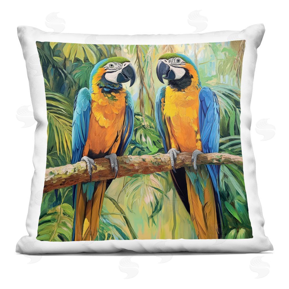 Petal Prints Design Two Macaws Among Foliage Square Printed Throw Pillow