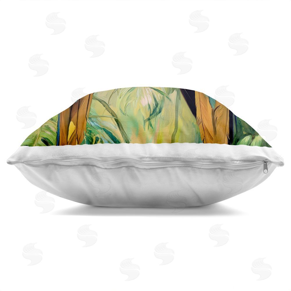 Petal Prints Design Two Macaws Among Foliage Square Printed Throw Pillow Side View with Zipper Detail