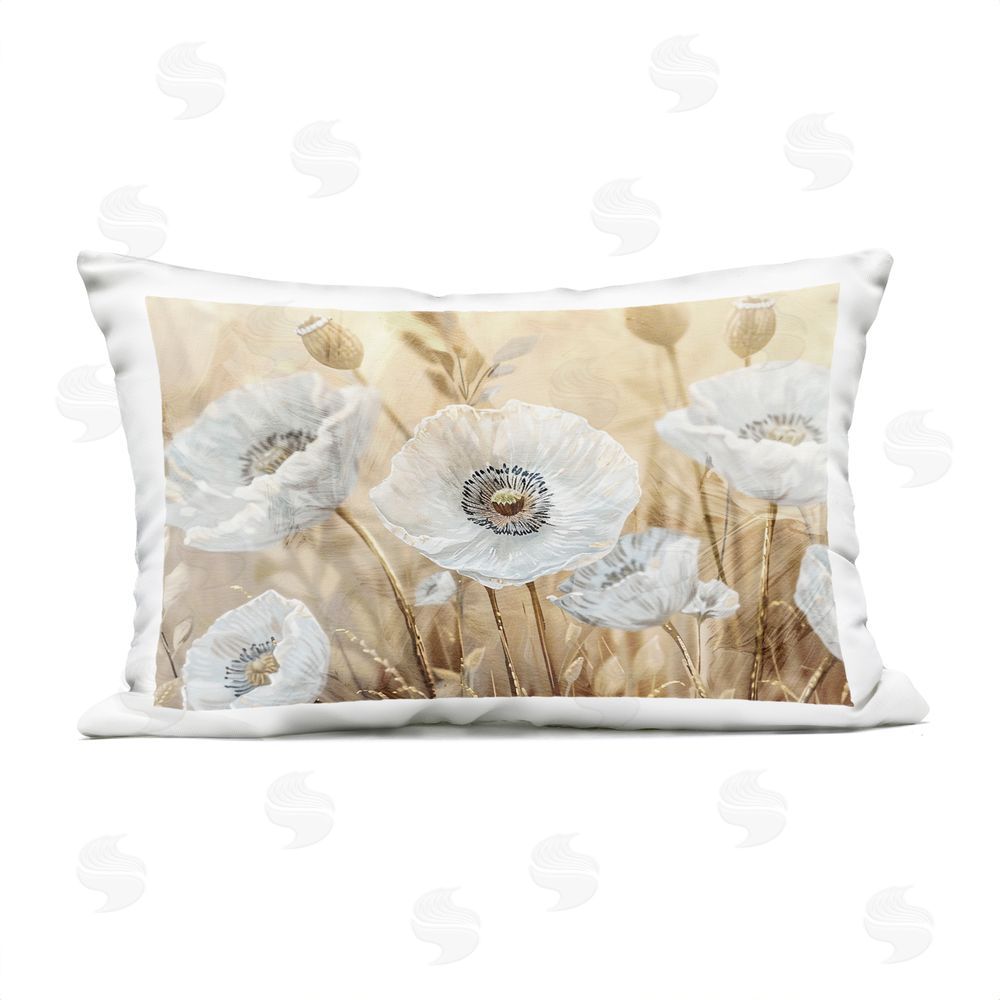 Kim Allen White Poppies Beige Field Outdoor Quick-Dry Polyester Lumbar Pillow