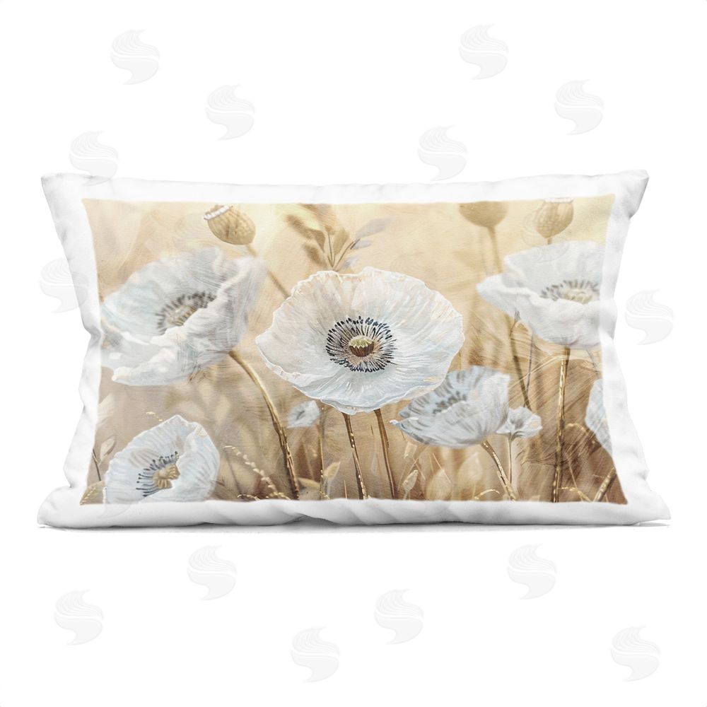 Kim Allen White Poppies Beige Field Indoor Plush Polyester Lumbar Pillow