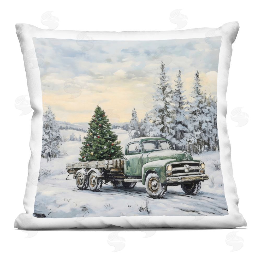 Petal Prints Design Green Christmas Tree Truck Square Printed Throw Pillow