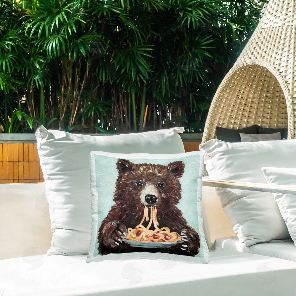 Studio Bautista Whimsical Bear & Spaghetti Square Printed Throw Pillow on Patio