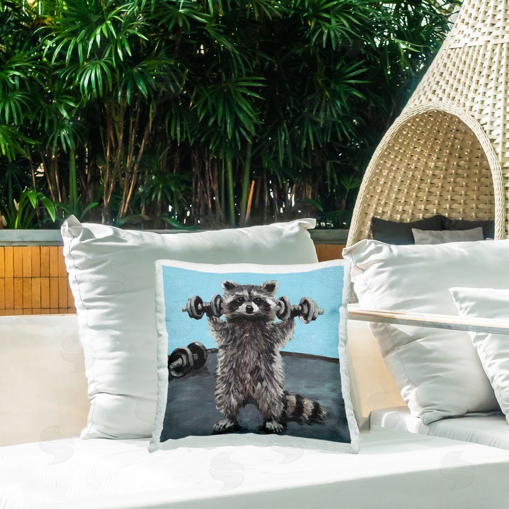 Studio Bautista Fitness Raccoon with Weights Square Printed Throw Pillow on Patio