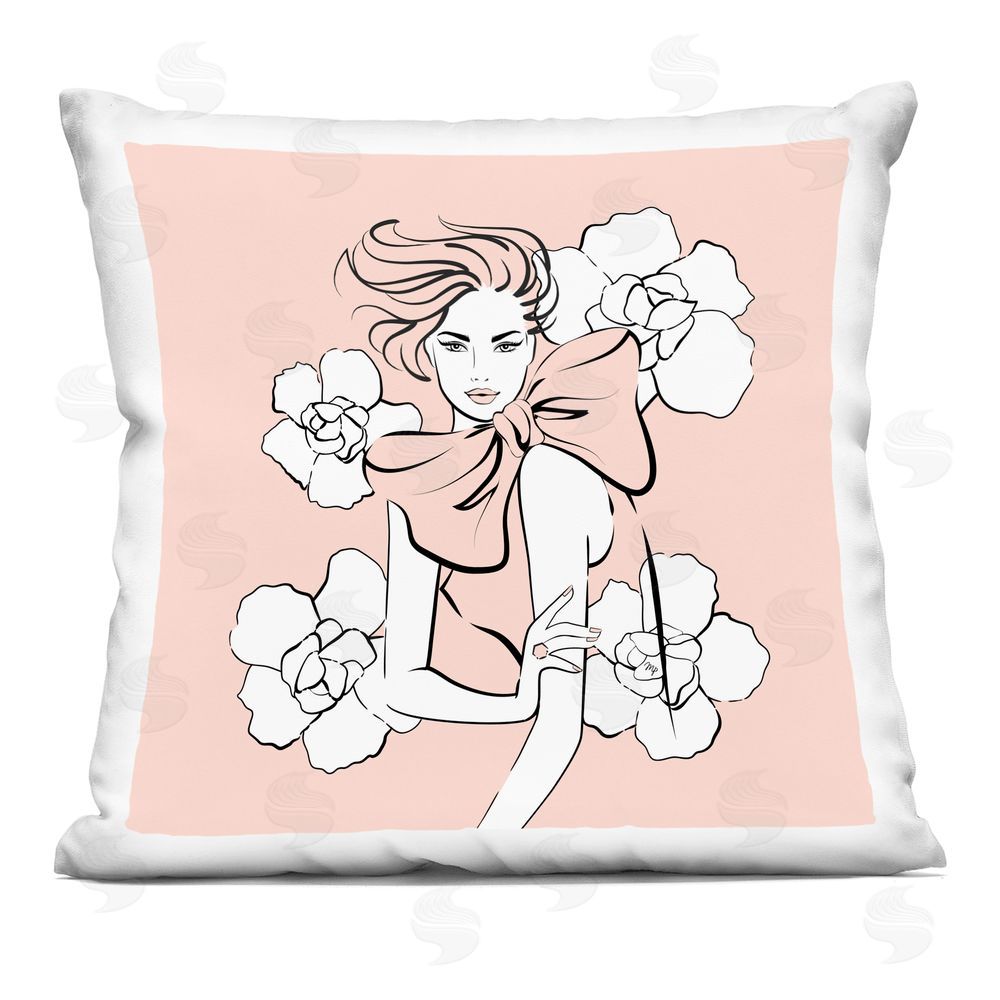 Martina Pavlova Pink Lady with Florals & Bow Indoor Plush Polyester Square Throw Pillow