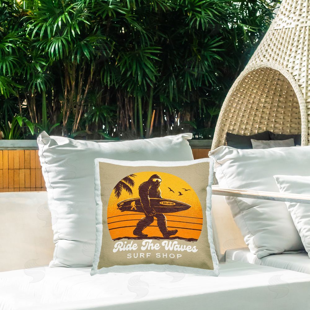 Jedco Brands Inc. Ride The Waves Surf Shop Square Printed Throw Pillow on Patio