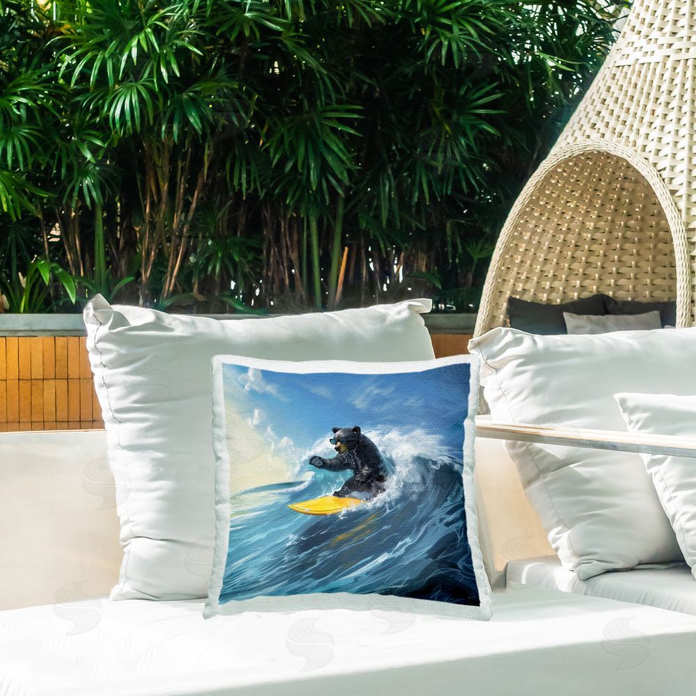 Jim Baldwin Surfing Bear on Open Waves Outdoor Quick-Dry Polyester Printed Square Pillow on Patio