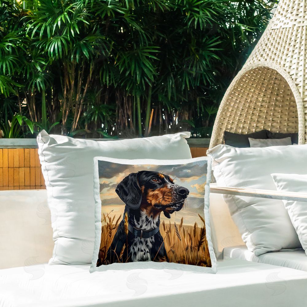 Jim Baldwin Bluetick Coonhound in Meadow Outdoor Quick-Dry Polyester Printed Square Pillow on Patio