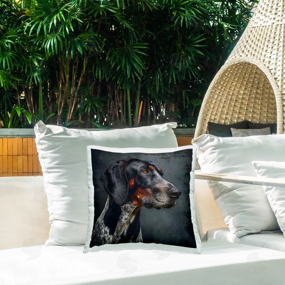 Jim Baldwin Detailed Bluetick Dog Portrait Outdoor Quick-Dry Polyester Printed Square Pillow on Patio