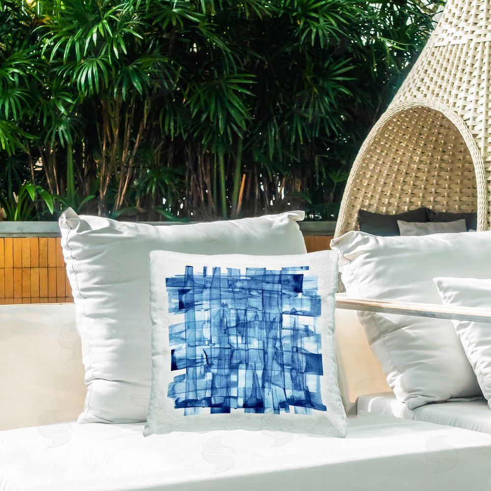 PI Studio Translucent Indigo Crosshatch Outdoor Quick-Dry Polyester Printed Square Pillow on Patio