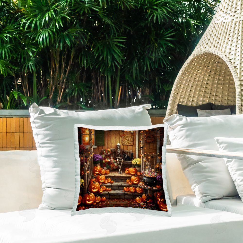 Tabz Jones Welcome To Fall Skeleton Porch Outdoor Quick-Dry Polyester Printed Square Pillow on Patio