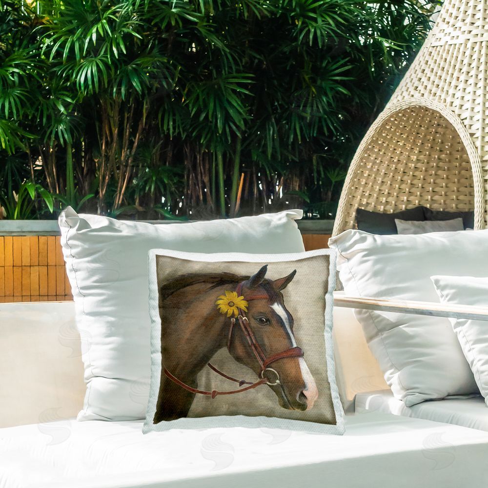 Suzanne Nicoll Barnyard Horse with Daisy Outdoor Quick-Dry Polyester Printed Square Pillow on Patio