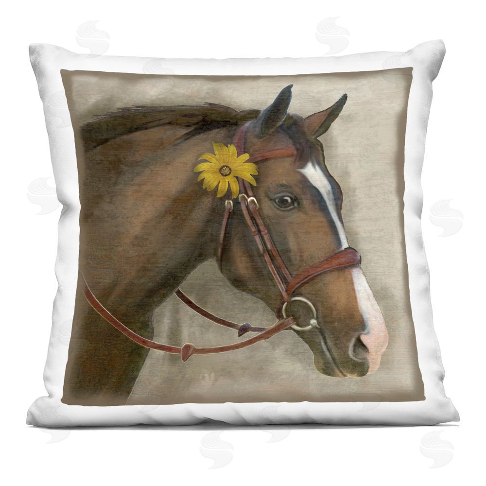 Suzanne Nicoll Barnyard Horse with Daisy Indoor Plush Polyester Square Throw Pillow