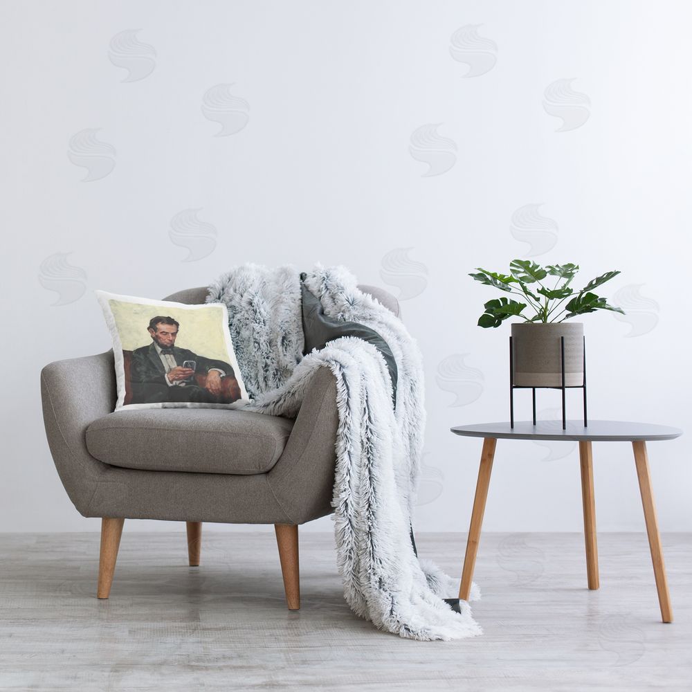 Studio Bautista Abe & Cell Phone Portrait Plush Polyester Printed Square Pillow on Chair
