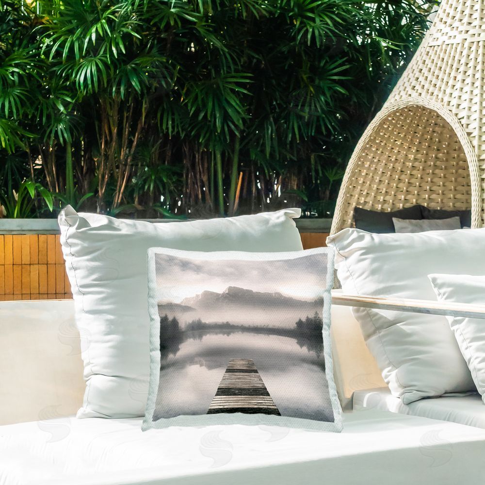 Irene Weisz Calm Reflective Waters & Mountains Outdoor Quick-Dry Polyester Printed Square Pillow on Patio