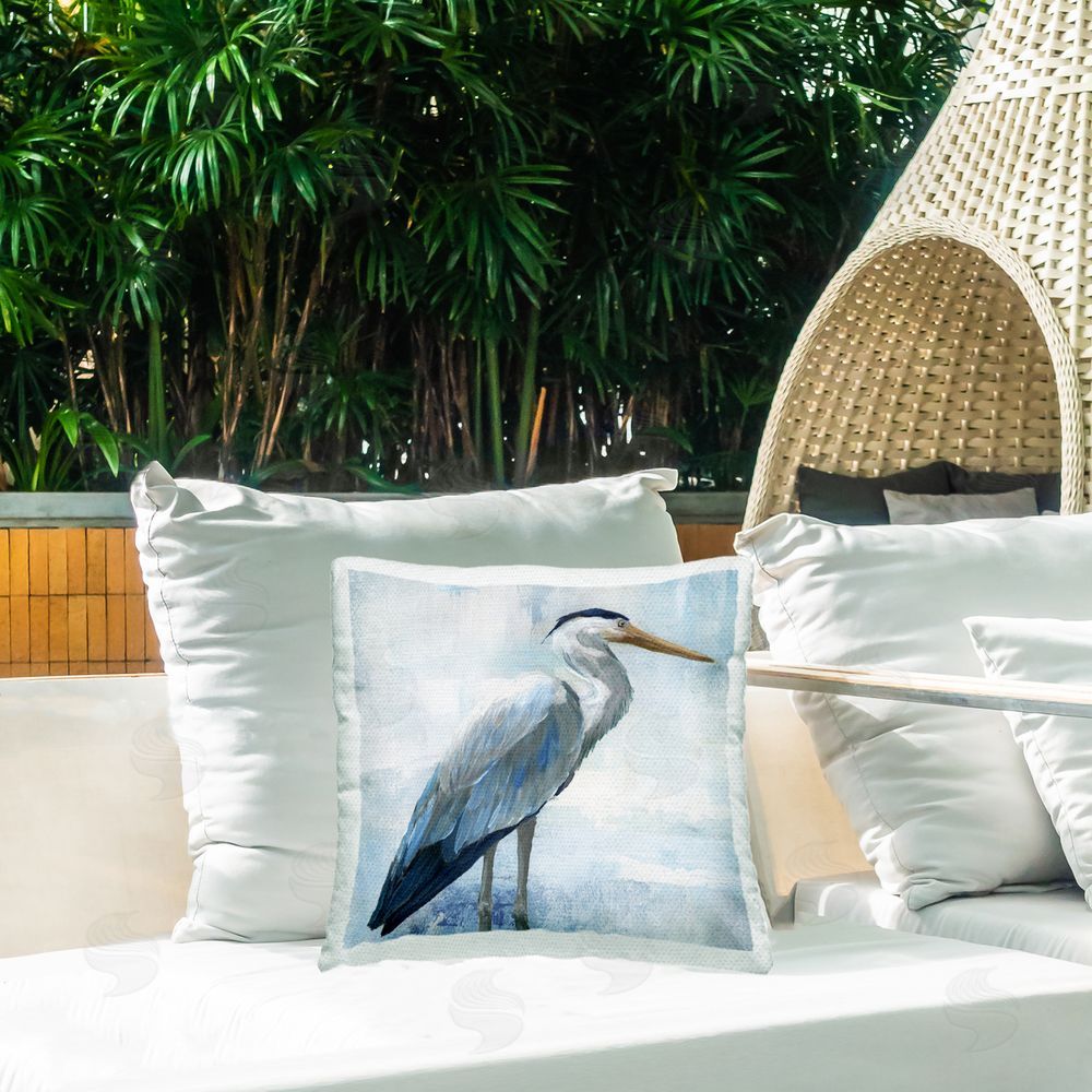 Nan Serene Blue Heron In Aqua Outdoor Quick-Dry Polyester Printed Square Pillow on Patio
