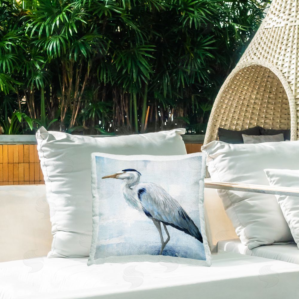 Nan Faded Blue Heron Outdoor Quick-Dry Polyester Printed Square Pillow on Patio