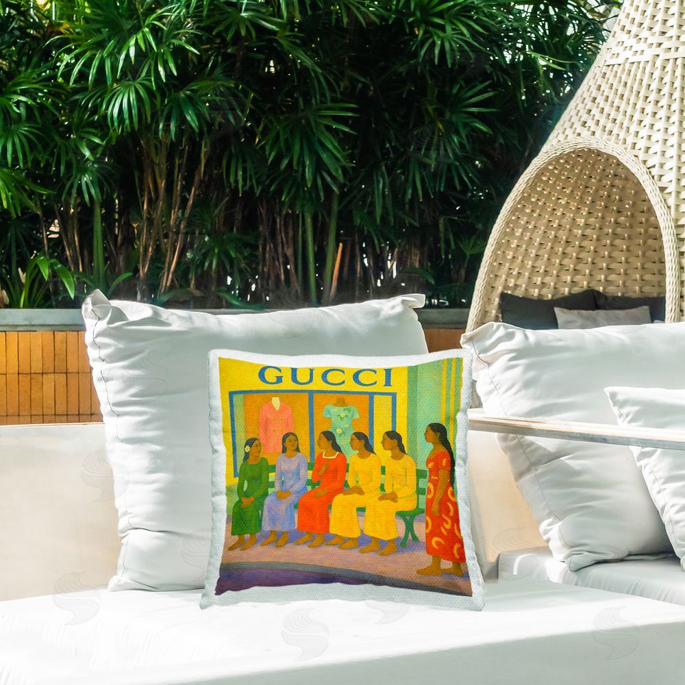 Grotto Studios Gaugin Style Glam Outdoor Printed Throw Pillow on Patio
