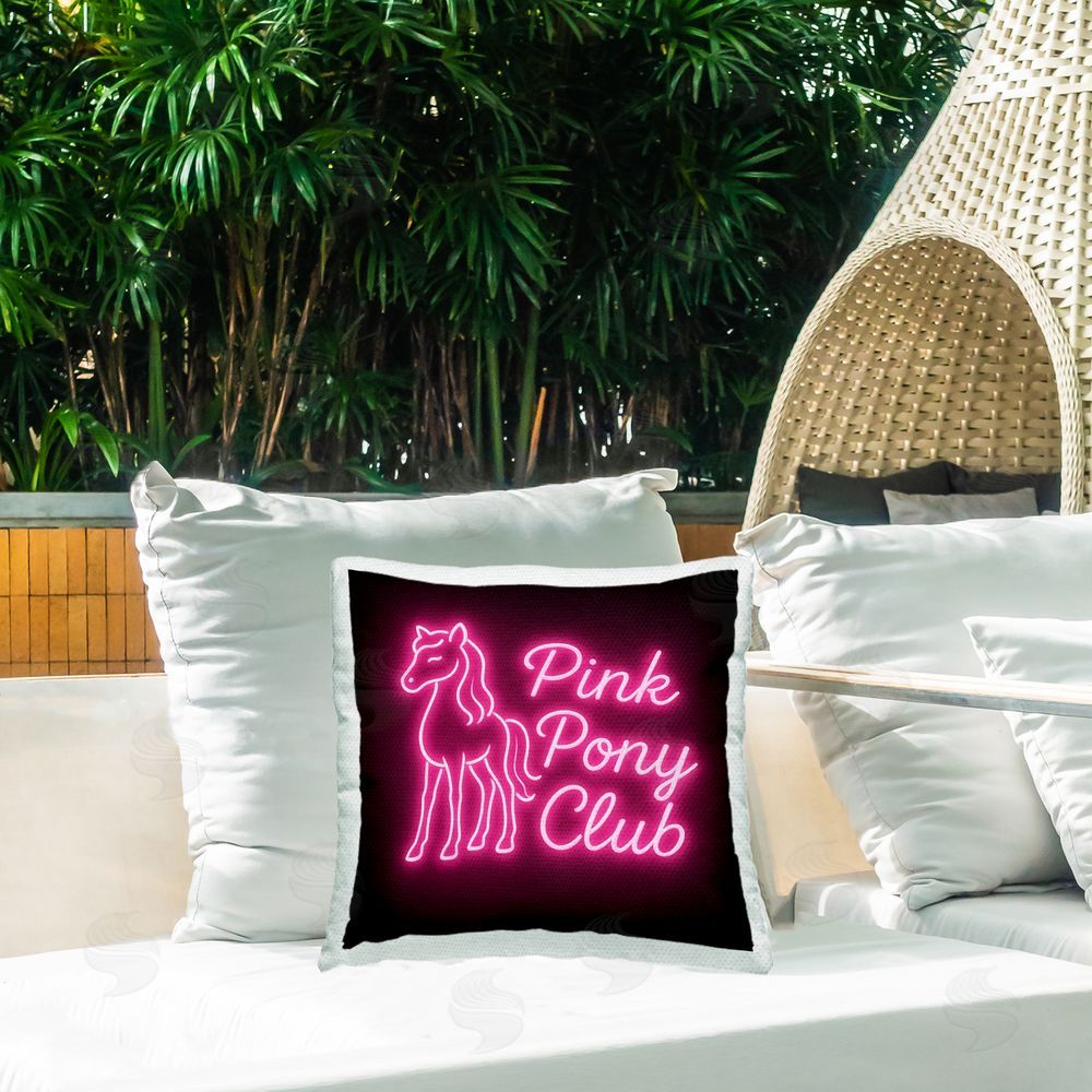 Grotto Studios Pink Pony Club Neon Outdoor Printed Throw Pillow on Patio