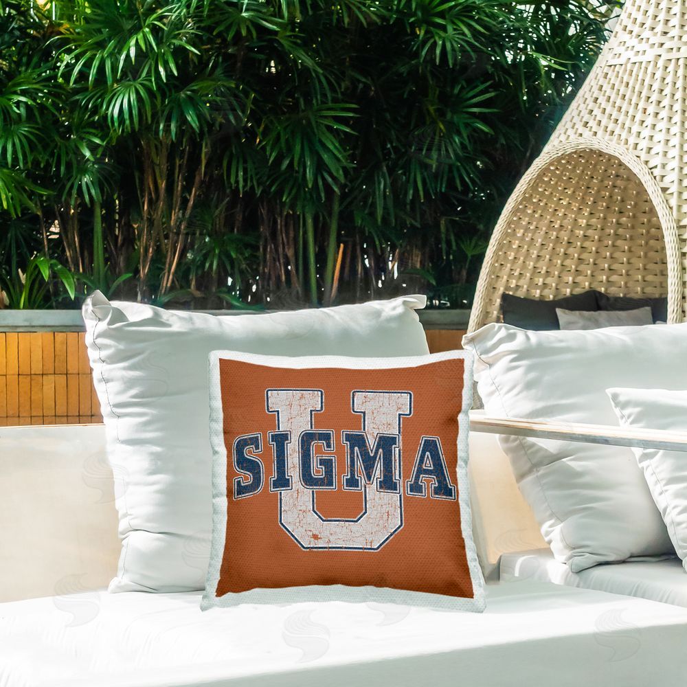 Grotto Studios Sigma University on Brown Outdoor Printed Throw Pillow on Patio