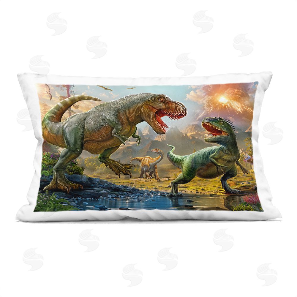 Henriette Chinaglia T-Rex Encounter at Riverbank Indoor Plush Polyester Lumbar Pillow