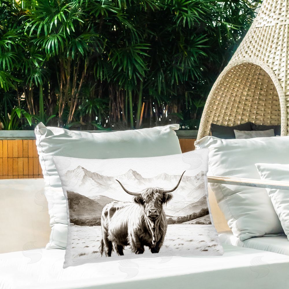 Kim Allen Highland Sepia Sketch Outdoor Quick-Dry Polyester Printed Lumbar Pillow on Patio