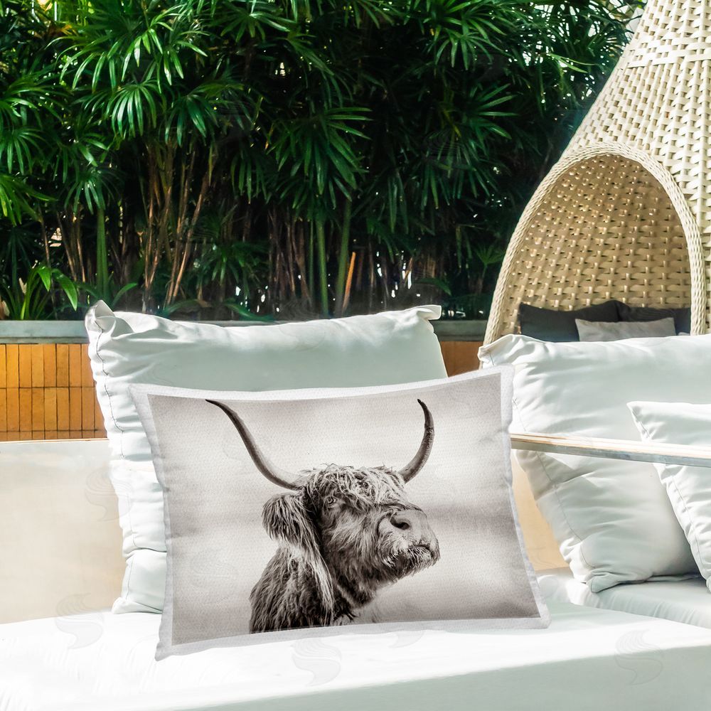Julia Frost Horned Highland Cow Gazing Outdoor Quick-Dry Polyester Printed Lumbar Pillow on Patio