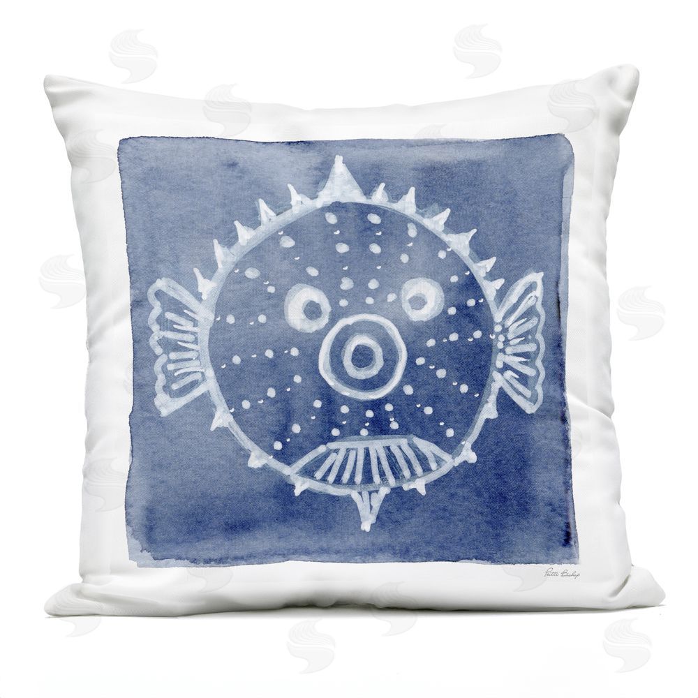 Patti Bishop White Blow Fish on Indigo Outdoor Quick-Dry Polyester Square Throw Pillow