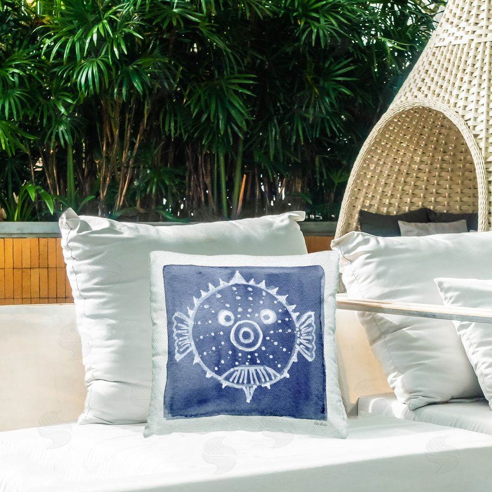 Patti Bishop White Blow Fish on Indigo Outdoor Quick-Dry Polyester Printed Square Pillow on Patio