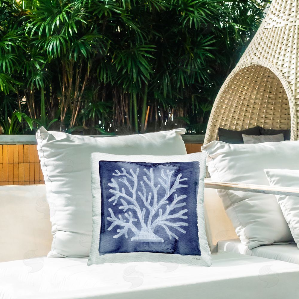 Patti Bishop White Coral on Indigo Outdoor Quick-Dry Polyester Printed Square Pillow on Patio