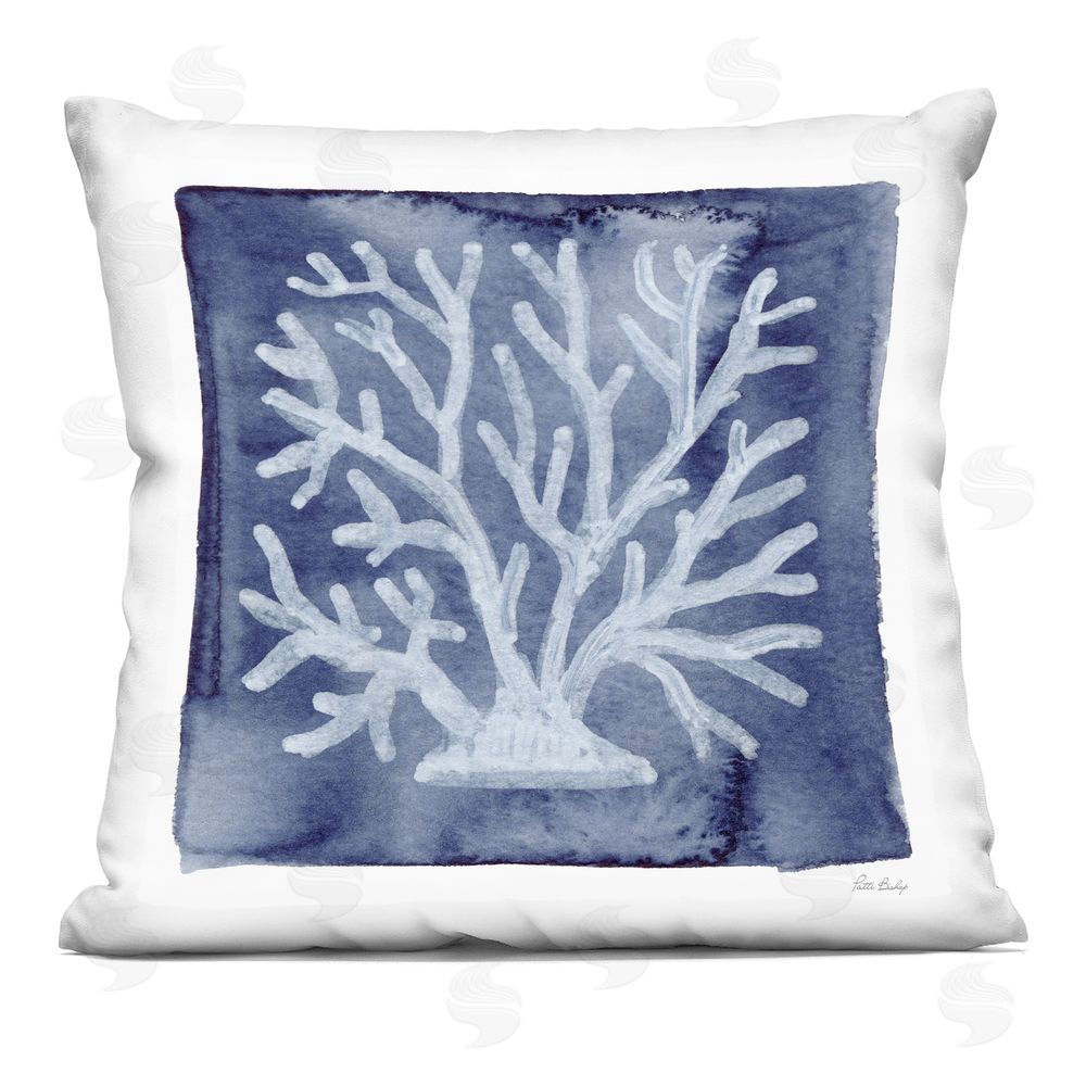 Patti Bishop White Coral on Indigo Indoor Plush Polyester Square Throw Pillow