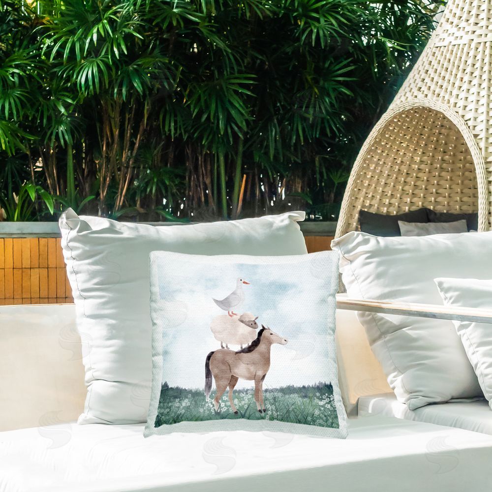 Kim Allen Muted Blue Sky Farm Outdoor Quick-Dry Polyester Printed Square Pillow on Patio