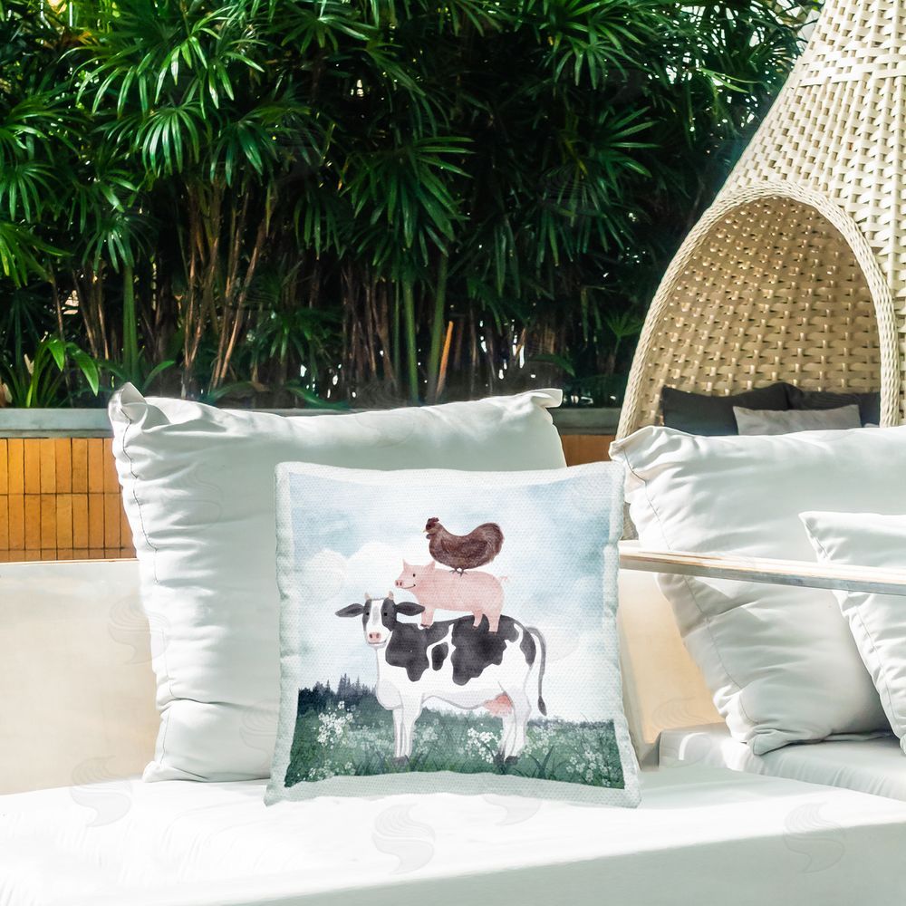 Kim Allen Muted Stacked Farm Animals Outdoor Quick-Dry Polyester Printed Square Pillow on Patio