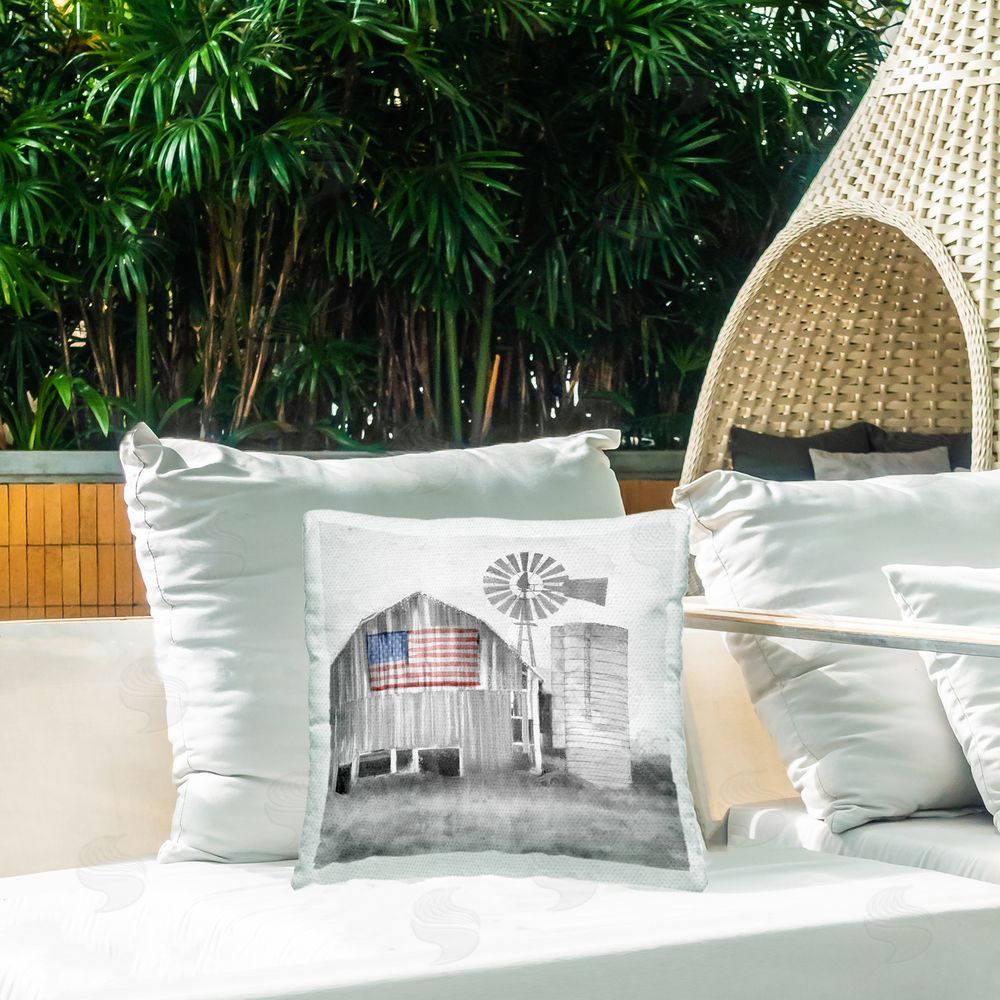 Kim Allen Grandfather's Barn with Flag Outdoor Quick-Dry Polyester Printed Square Pillow on Patio