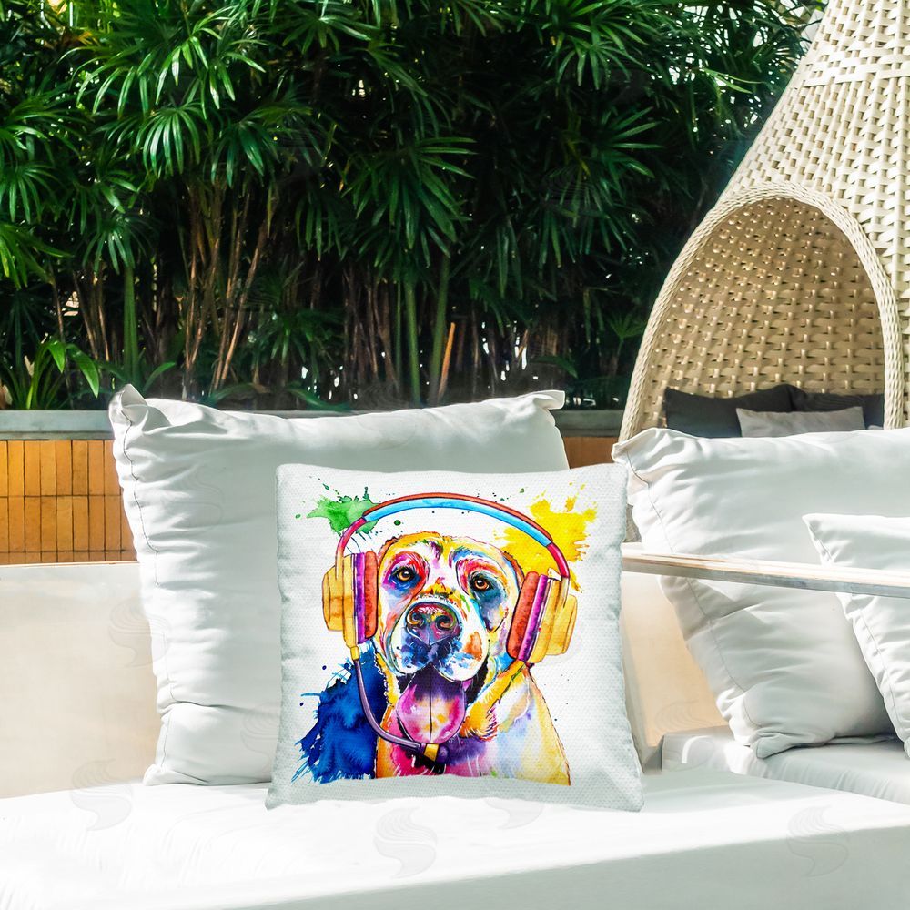 Jennifer Seeley Lab With Gaming Headphones Outdoor Quick-Dry Polyester Printed Square Pillow on Patio