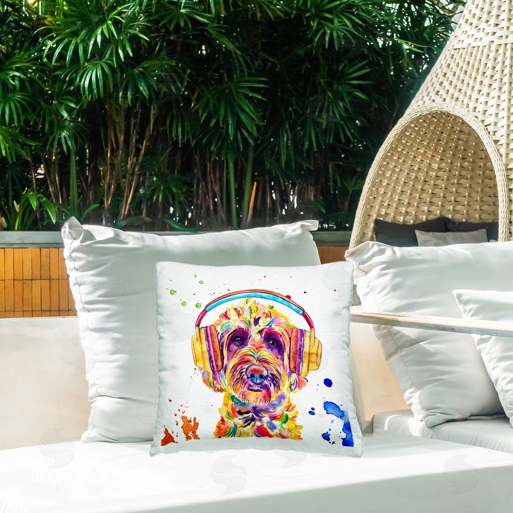 Jennifer Seeley Goldendoodle With Headphones Outdoor Quick-Dry Polyester Printed Square Pillow on Patio