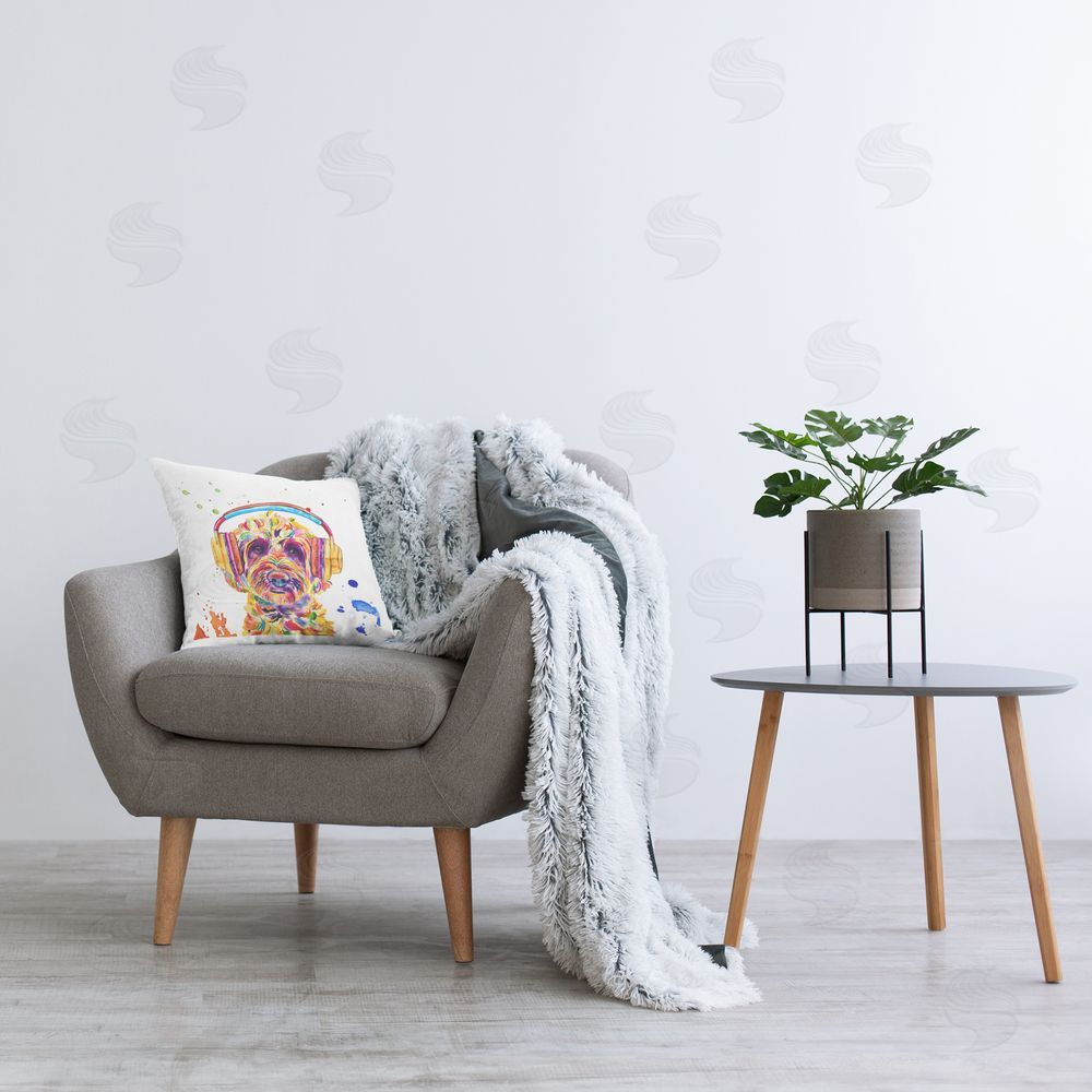 Jennifer Seeley Goldendoodle With Headphones Plush Polyester Printed Square Pillow on Chair