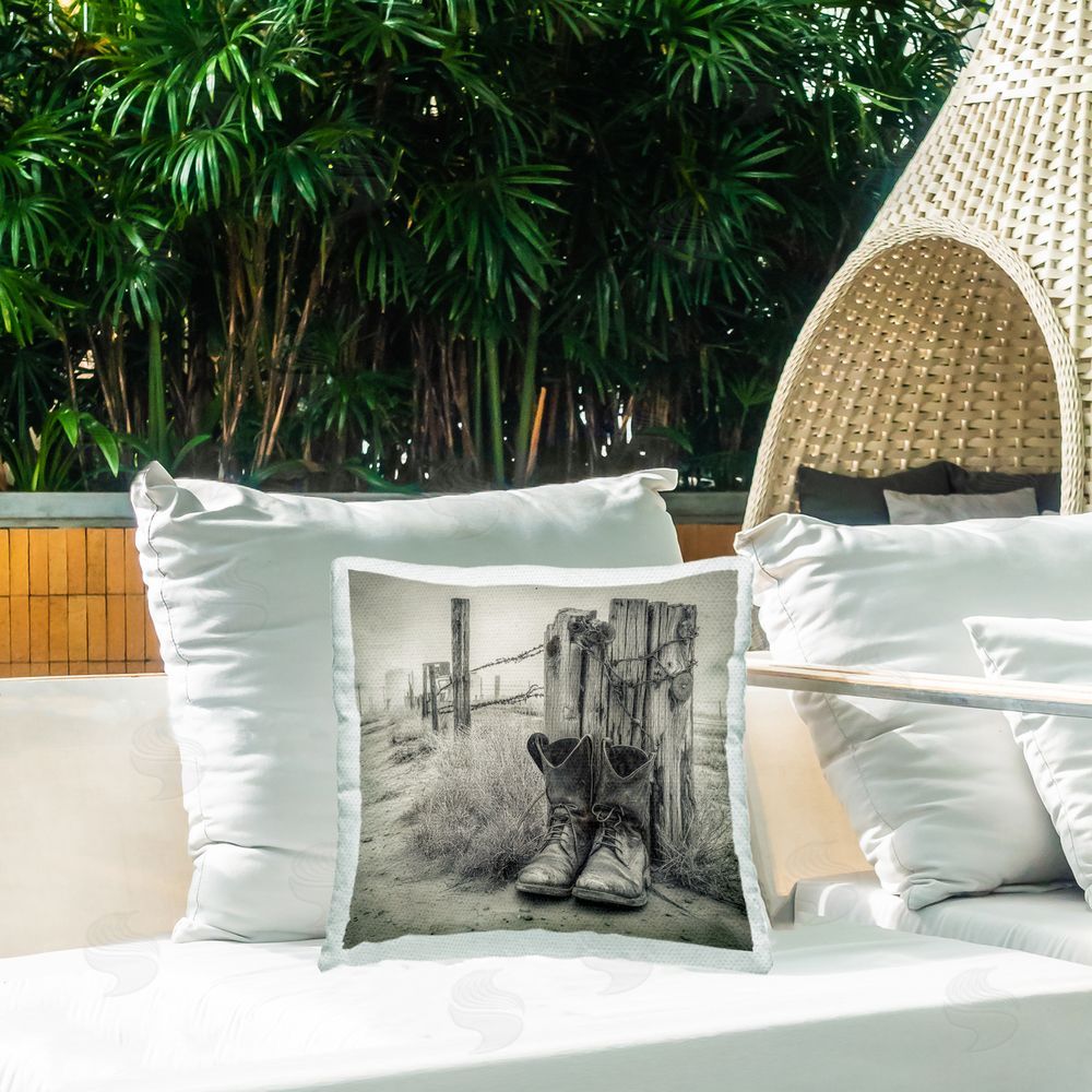 Annabelle Hall Weathered Cowboy Boots Outdoor Quick-Dry Polyester Printed Square Pillow on Patio