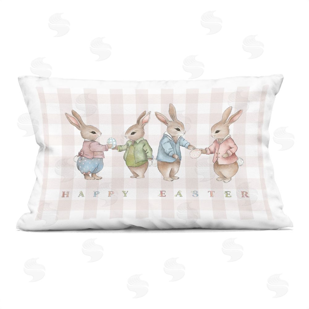 Leah Straatsma Easter Bunnies Pink Gingham Square Outdoor Quick-Dry Polyester Throw Pillow