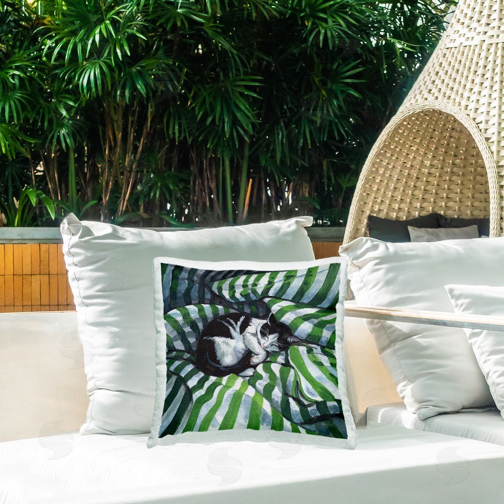 Kate Jarvik Birch Tuxedo Cat Nap on Stripes Outdoor Quick-Dry Polyester Printed Square Pillow on Patio