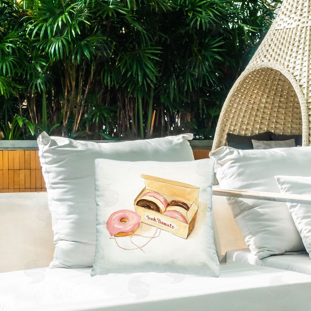 Sue Schlabach Box of Fresh Donuts Outdoor Quick-Dry Polyester Printed Square Pillow on Patio