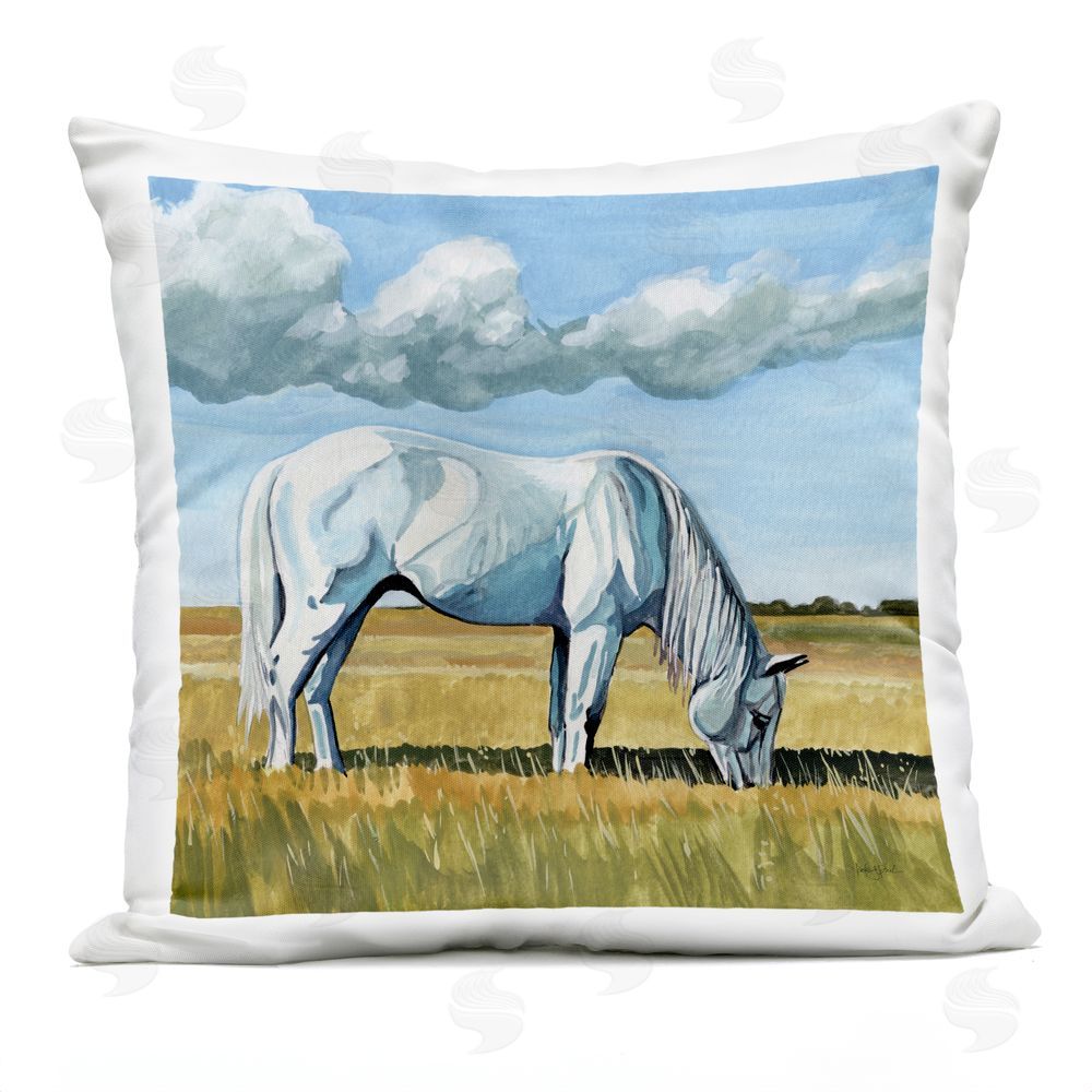 Kate Jarvik Birch White Horse Grazing Beneath Clouds Outdoor Quick-Dry Polyester Square Throw Pillow